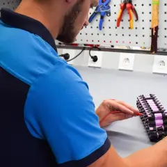 Monteur test batterijpakket voor elektrische fiets, mogelijk na problemen met een Sparta.