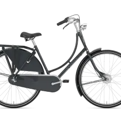 Een donkergrijze Gazelle retro fiets met bagagedrager en een gesloten kettingkast.