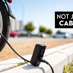 De oplader van de elektrische fiets is kapot. De fiets staat op straat, de oplader ligt op de stoep.