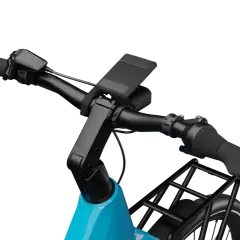 Stuur van een blauwe e-bike met traploze versnelling, display en bagagedrager.