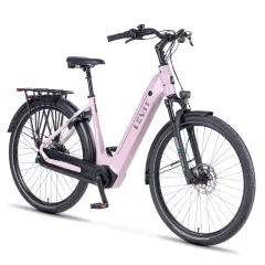 Een stijlvolle roze damesfiets met een bagagedrager en vering, klaar voor elke rit.