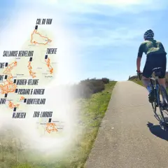 Fietser op een pad met op de achtergrond een kaart van Nederland met diverse racefiets routes, zoals de Utrechtse Heuvelrug en Zuid-Limburg.