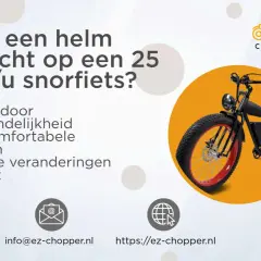Een zwarte EZ Chopper e-bike met rode velgen. De tekst vraagt: "Is een helm verplicht op een 25 km/u snorfiets?".