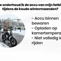 Tips voor fietsaccu bewaren in de winter: binnen bewaren, opladen op kamertemperatuur en niet volledig leeg rijden. Een vrouw op een fatbike in de sneeuw.