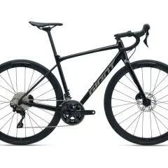 Zwarte Giant endurance racefiets met schijfremmen en brede banden, ideaal voor lange, comfortabele ritten.