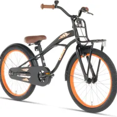 Zwarte beach cruiser met oranje velgen en vlammenprint. Ideaal voor een relaxte rit langs de kust.