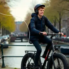 Young man with headphones and helmet rides a fat-tire electric bike along a canal in Amsterdam.