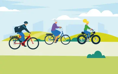 Drie mensen genieten van een fietstocht, elk op hun eigen fiets. Een man met een tas, een oudere vrouw en een jongere vrouw, allemaal op een fiets, een voertuig dat hen door het landschap brengt.