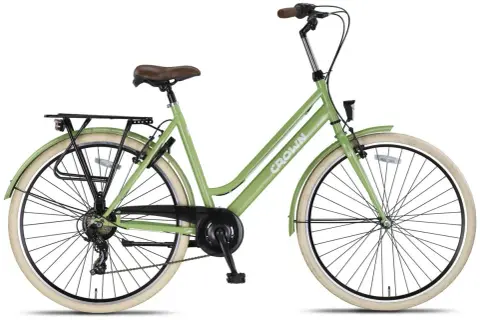 Lichtgroene damesfiets met bruin zadel en bruine handvatten. Deze damesfiets goedkoop is ideaal voor dagelijks gebruik en heeft een bagagedrager.