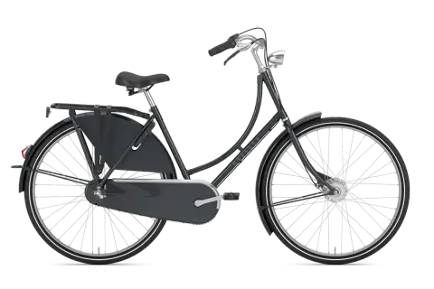 Een donkergrijze Gazelle retro fiets met bagagedrager en een gesloten kettingkast.