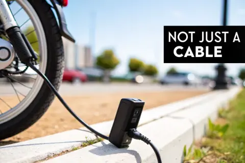 De oplader van de elektrische fiets is kapot. De fiets staat op straat, de oplader ligt op de stoep.