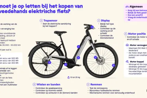 Elektrische fiets kopen? Let op de accu, motor (maximaal 250 Watt in NL), display, remmen, wielen en banden. Vraag naar de onderhoudsgeschiedenis.