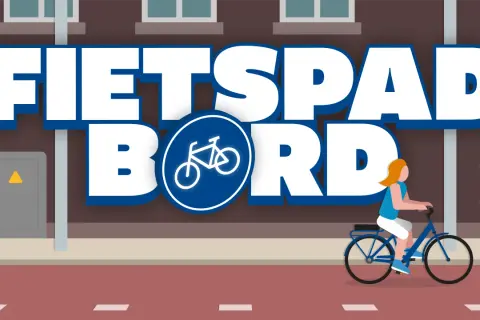 Een vrouw fietst langs een **fietspad bord regels**. De tekst "FIETSPAD BORD" staat groot in beeld.