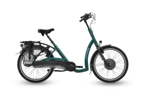 Groene Van Raam Balance bejaarden fiets met lage instap, bagagedrager en elektrische ondersteuning.