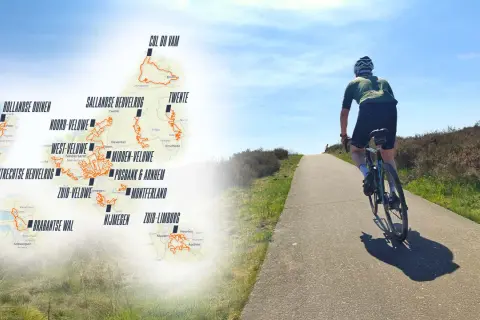 Fietser op een pad met op de achtergrond een kaart van Nederland met diverse racefiets routes, zoals de Utrechtse Heuvelrug en Zuid-Limburg.