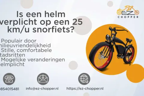 Een zwarte EZ Chopper e-bike met rode velgen. De tekst vraagt: "Is een helm verplicht op een 25 km/u snorfiets?".