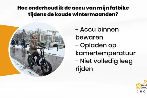 Tips voor fietsaccu bewaren in de winter: binnen bewaren, opladen op kamertemperatuur en niet volledig leeg rijden. Een vrouw op een fatbike in de sneeuw.