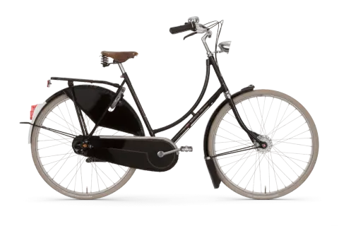 Zwarte Gazelle omafiets kopen? Deze klassieke fiets met bruin zadel en bagagedrager is perfect voor dagelijks gebruik.