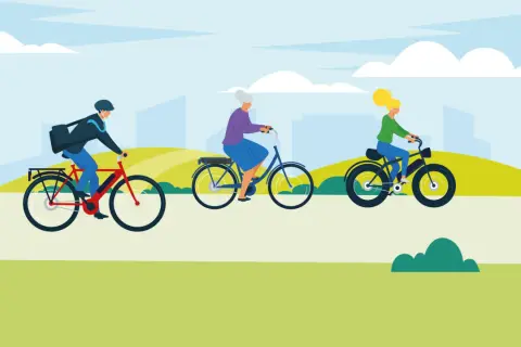 Drie mensen genieten van een fietstocht, elk op hun eigen fiets. Een man met een tas, een oudere vrouw en een jongere vrouw, allemaal op een fiets, een voertuig dat hen door het landschap brengt.