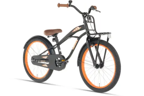 Zwarte beach cruiser met oranje velgen en vlammenprint. Ideaal voor een relaxte rit langs de kust.