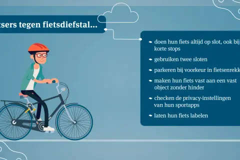 Een fietser met helm en bril rijdt op een fiets. Tips om fietsendiefstal te voorkomen: fiets altijd op slot, gebruik twee sloten, parkeer in fietsenrekken, maak de fiets vast aan een object, check privacy-instellingen en laat de fiets labelen.