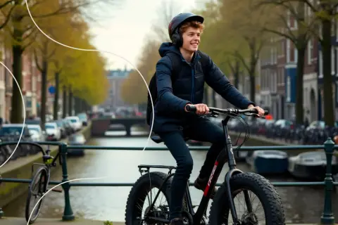 Young man with headphones and helmet rides a fat-tire electric bike along a canal in Amsterdam.