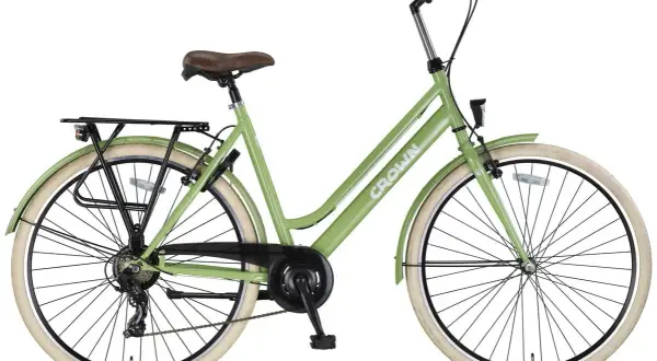 Lichtgroene damesfiets met bruin zadel en bruine handvatten. Deze damesfiets goedkoop is ideaal voor dagelijks gebruik en heeft een bagagedrager.