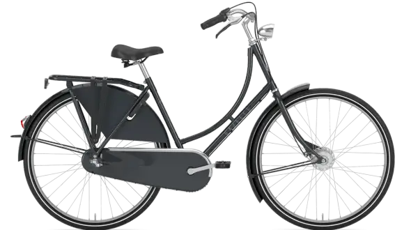 Een donkergrijze Gazelle retro fiets met bagagedrager en een gesloten kettingkast.