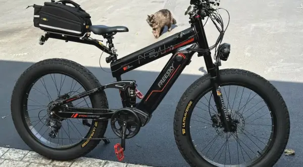 Zwarte elektrische fiets met dikke banden en een tas achterop. Een kat loopt langs de fiets, mogelijk door een kabelbreuk.