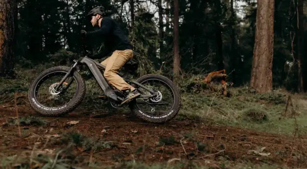 Man op een elektrische fiets in het bos, de fiets trapt zwaar door het ruige terrein.