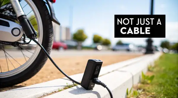 De oplader van de elektrische fiets is kapot. De fiets staat op straat, de oplader ligt op de stoep.