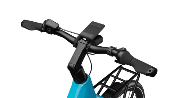 Stuur van een blauwe e-bike met traploze versnelling, display en bagagedrager.