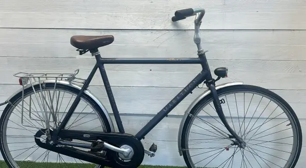 Een donkerblauwe Sparta Marathon, een klassiek model met een retro zadel en bagagedrager. Perfect voor lange ritten.