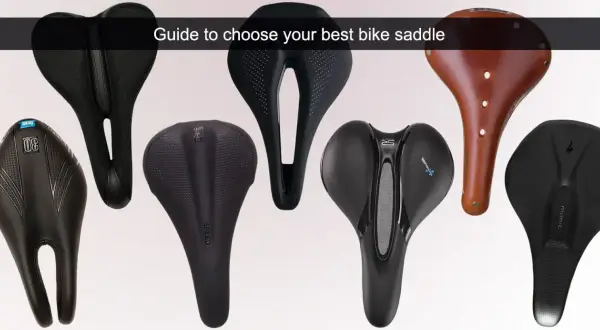 Verschillende fietszadels, waaronder een bruin leren exemplaar en diverse zwarte sportieve modellen. Een wielren zadel kiezen kan lastig zijn.