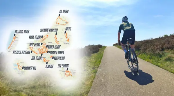 Fietser op een pad met op de achtergrond een kaart van Nederland met diverse racefiets routes, zoals de Utrechtse Heuvelrug en Zuid-Limburg.