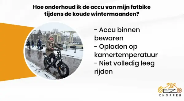 Tips voor fietsaccu bewaren in de winter: binnen bewaren, opladen op kamertemperatuur en niet volledig leeg rijden. Een vrouw op een fatbike in de sneeuw.