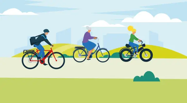 Drie mensen genieten van een fietstocht, elk op hun eigen fiets. Een man met een tas, een oudere vrouw en een jongere vrouw, allemaal op een fiets, een voertuig dat hen door het landschap brengt.