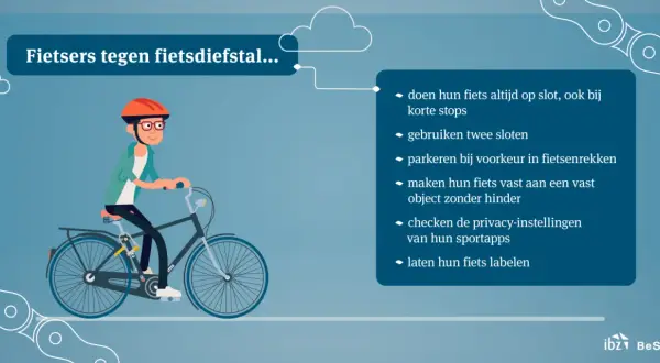 Een fietser met helm en bril rijdt op een fiets. Tips om fietsendiefstal te voorkomen: fiets altijd op slot, gebruik twee sloten, parkeer in fietsenrekken, maak de fiets vast aan een object, check privacy-instellingen en laat de fiets labelen.
