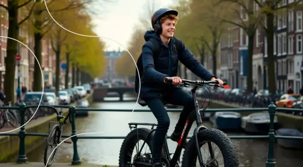 Young man with headphones and helmet rides a fat-tire electric bike along a canal in Amsterdam.