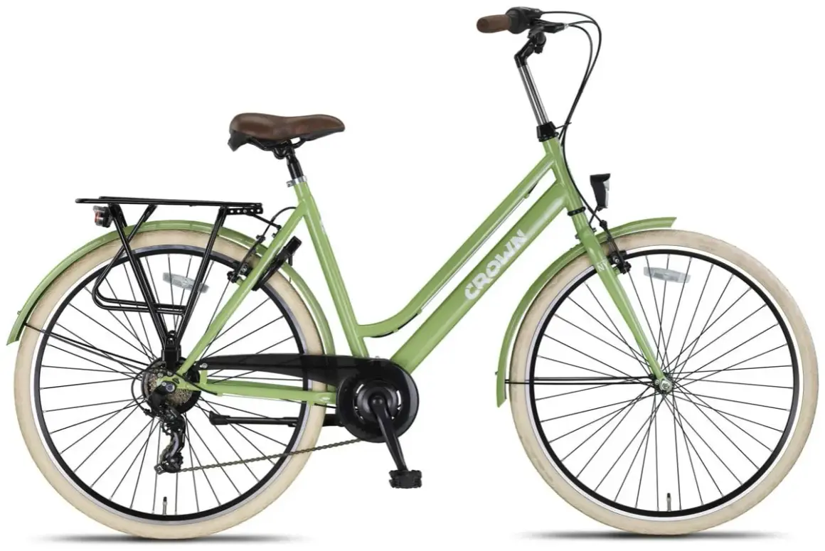 Lichtgroene damesfiets met bruin zadel en bruine handvatten. Deze damesfiets goedkoop is ideaal voor dagelijks gebruik en heeft een bagagedrager.