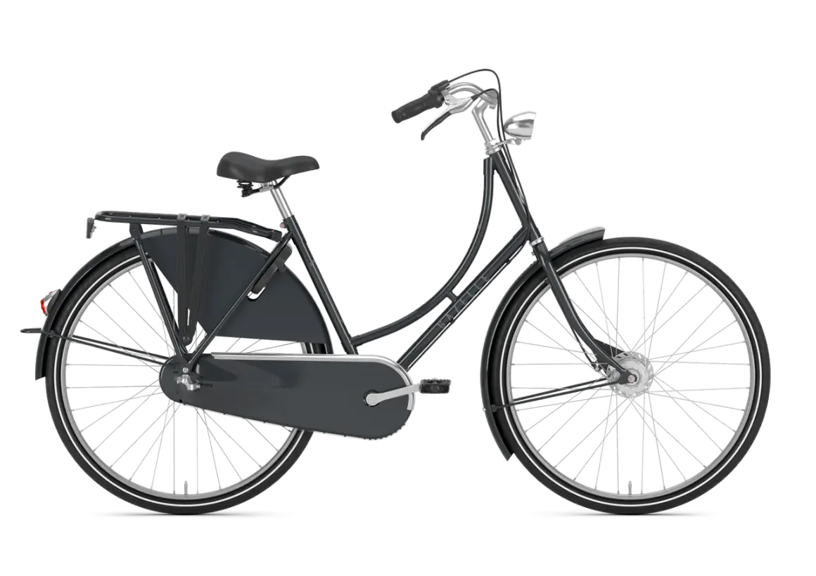 Een donkergrijze Gazelle retro fiets met bagagedrager en een gesloten kettingkast.