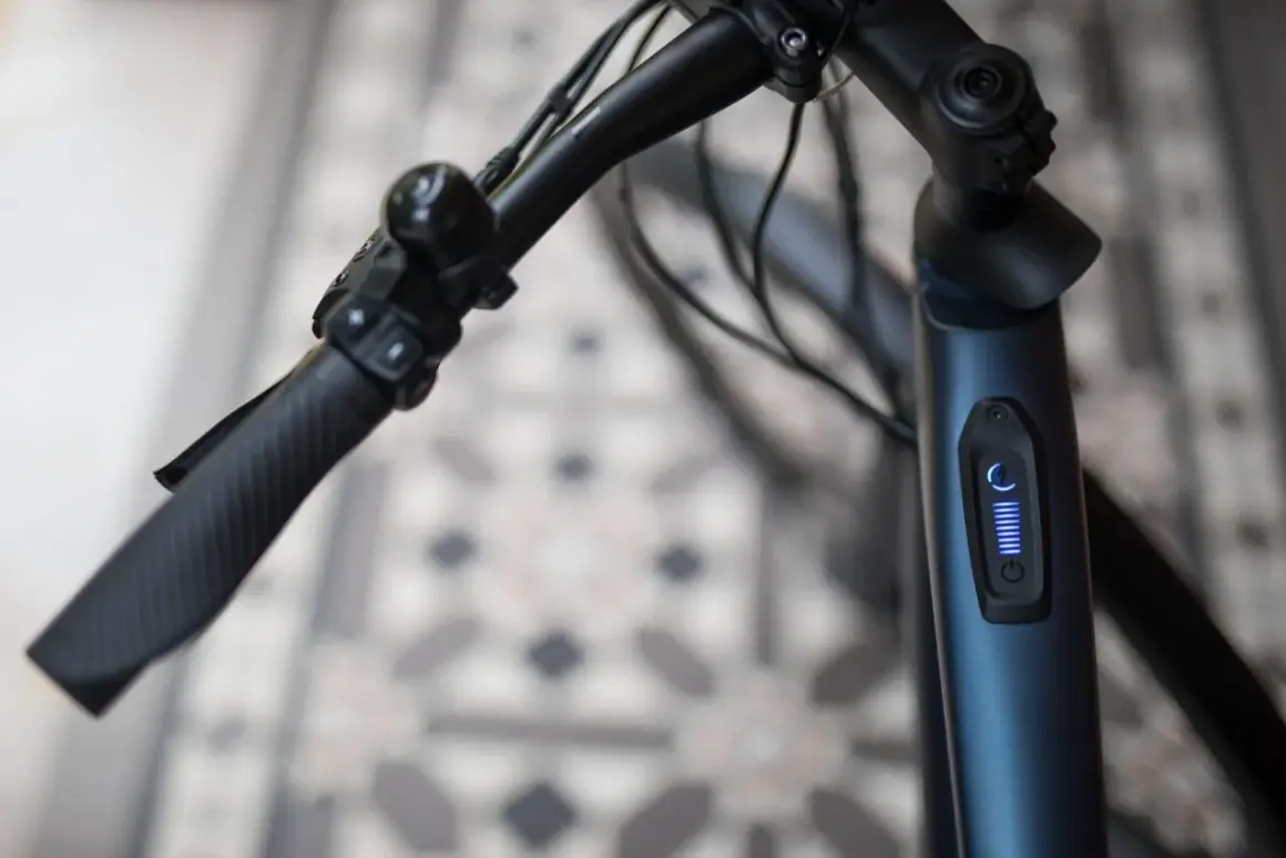 Stuur van een blauwe elektrische fiets met een display dat aangeeft dat de elektrische fiets slaat op hol. De batterij is vol.