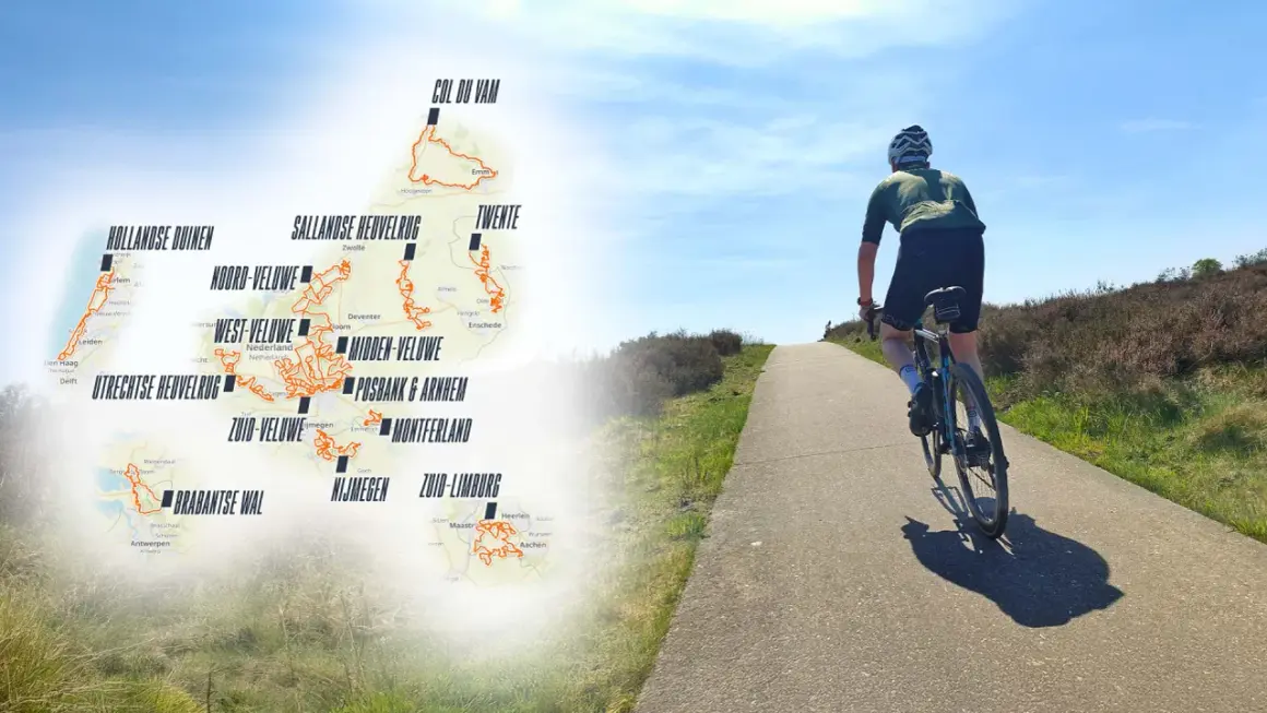 Fietser op een pad met op de achtergrond een kaart van Nederland met diverse racefiets routes, zoals de Utrechtse Heuvelrug en Zuid-Limburg.