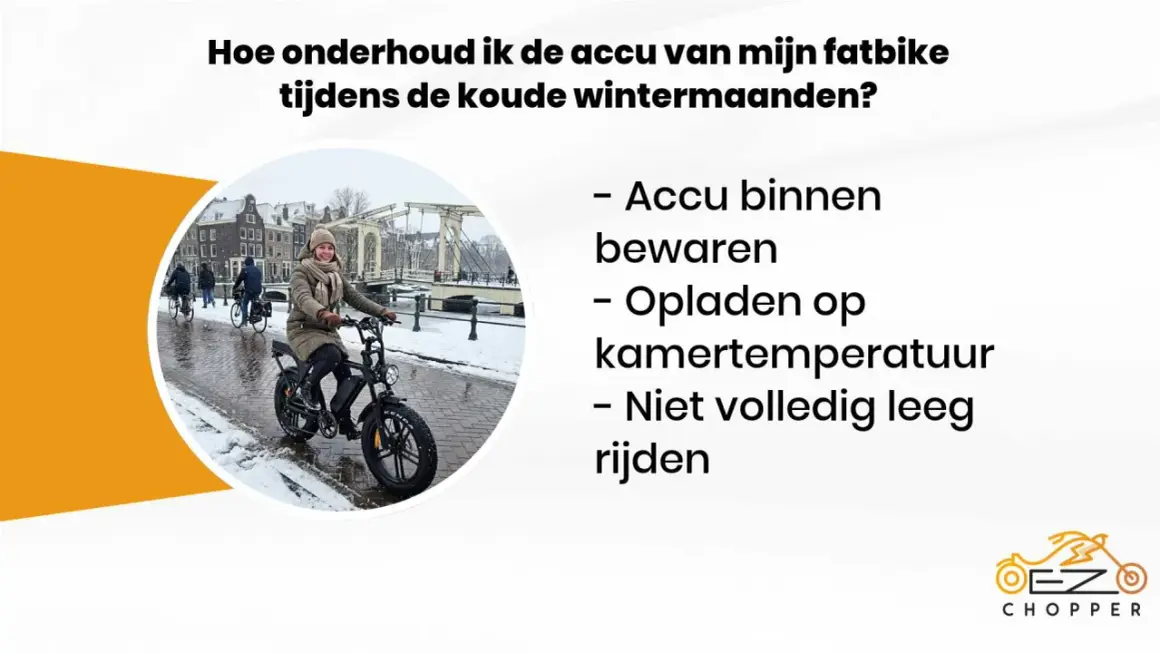 Tips voor fietsaccu bewaren in de winter: binnen bewaren, opladen op kamertemperatuur en niet volledig leeg rijden. Een vrouw op een fatbike in de sneeuw.