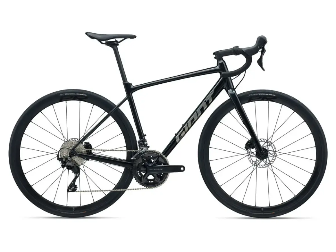 Zwarte Giant endurance racefiets met schijfremmen en brede banden, ideaal voor lange, comfortabele ritten.