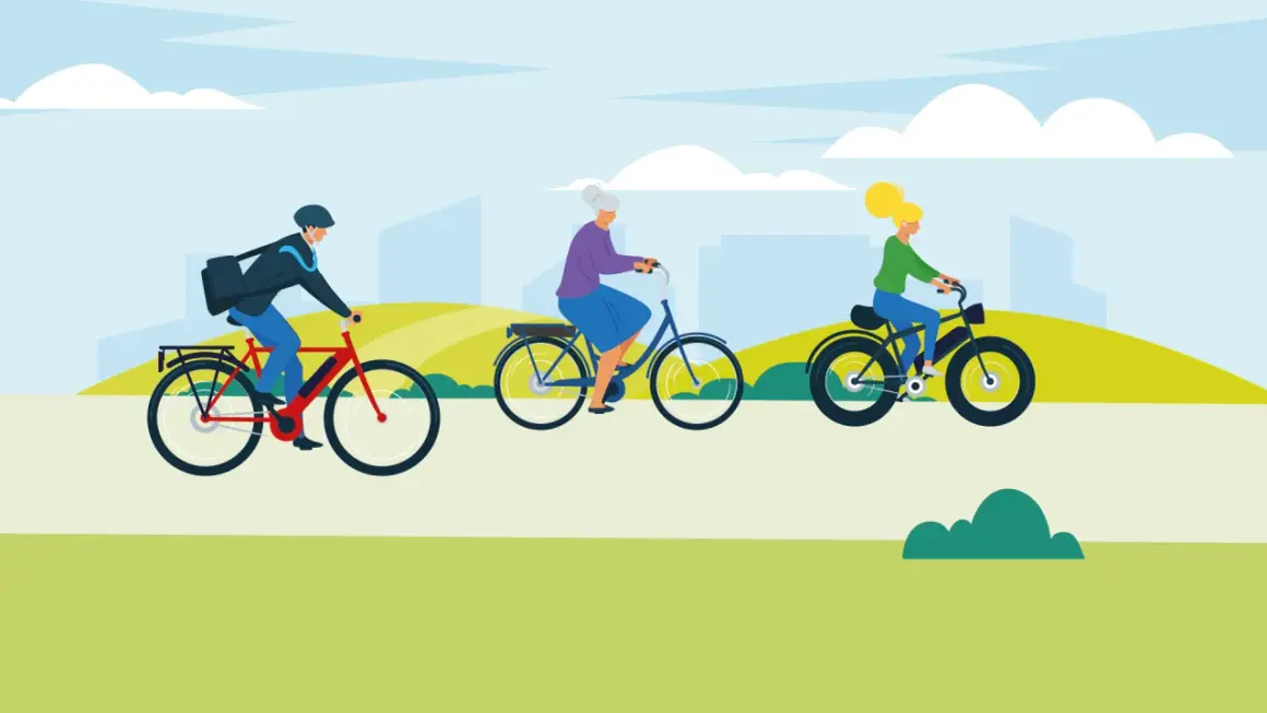 Drie mensen genieten van een fietstocht, elk op hun eigen fiets. Een man met een tas, een oudere vrouw en een jongere vrouw, allemaal op een fiets, een voertuig dat hen door het landschap brengt.