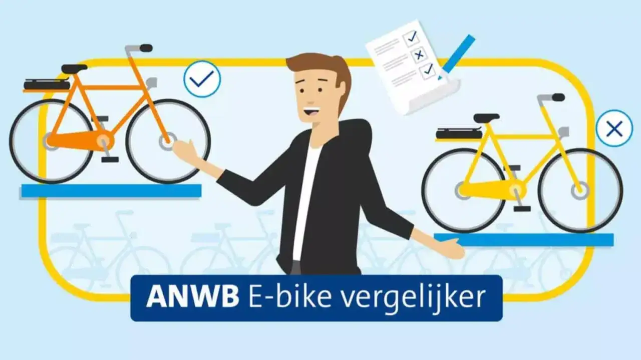 Man vergelijkt fietsen voor een ANWB hybride fiets test. Een oranje fiets met vinkje, een gele fiets met kruis.