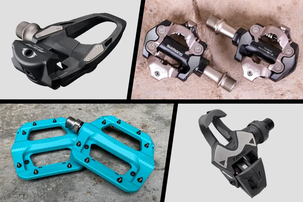 Vier soorten fiets SPD pedalen: Shimano SPD-SL, Shimano SPD, turquoise platte pedalen en TIME pedalen.