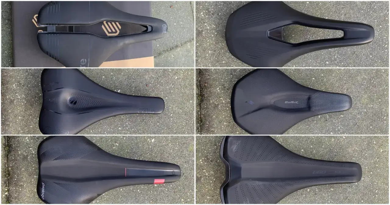 Zes zwarte zadels voor een racefiets dames, met diverse ontwerpen en merken.