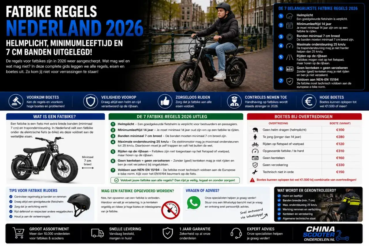 Fatbike regels 2026: helmplicht, minimumleeftijd, bandenbreedte en max. ondersteuning. Opvoeren is verboden en leidt tot boetes.